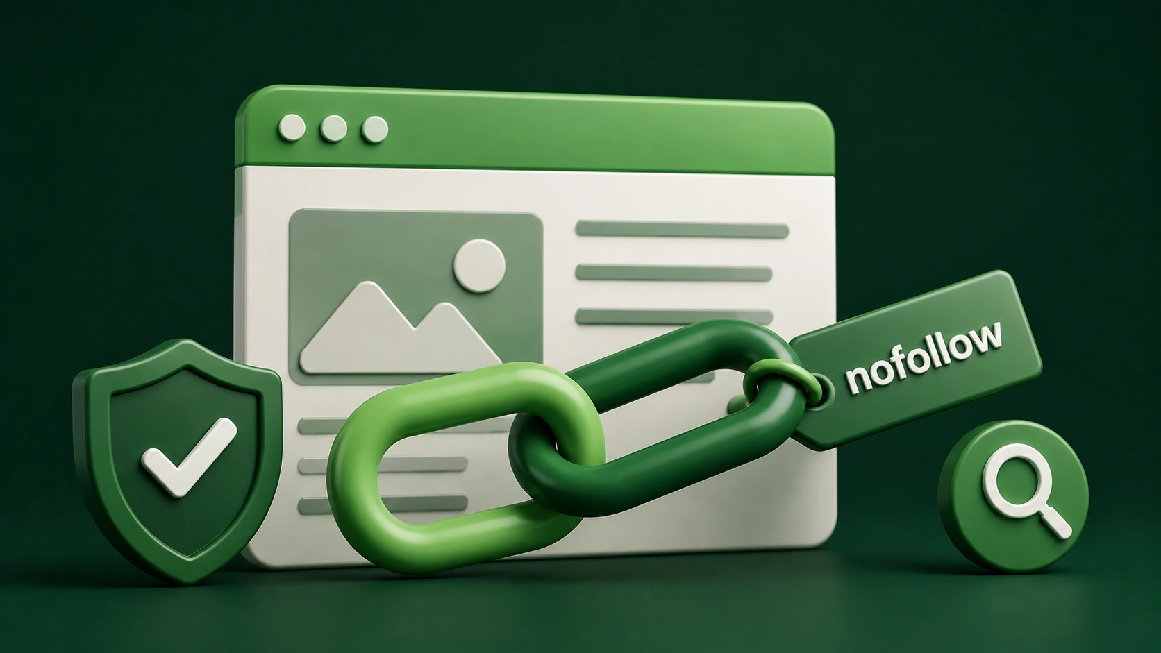 3D illustration of a webpage backlink marked “nofollow,” with a shield and search icon representing link attribute verification and SEO safety.