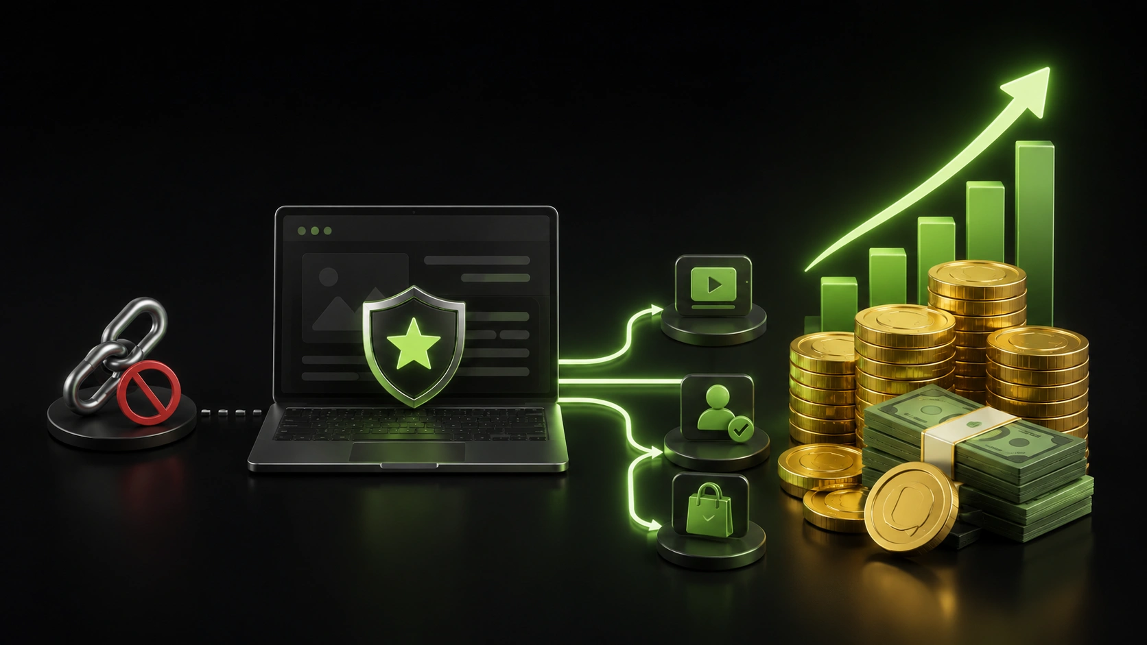 3D illustration showing a trusted website generating revenue through multiple monetization paths while avoiding direct backlink selling.
