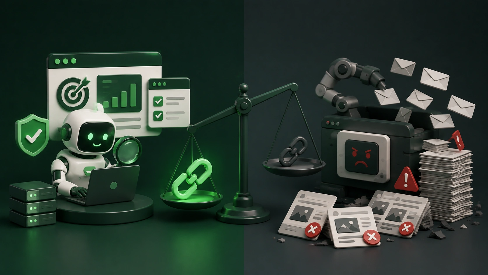 Comparison of useful AI-assisted link building — quality analysis and relevant backlinks — against harmful automation producing mass outreach, low-quality pages and spam.
