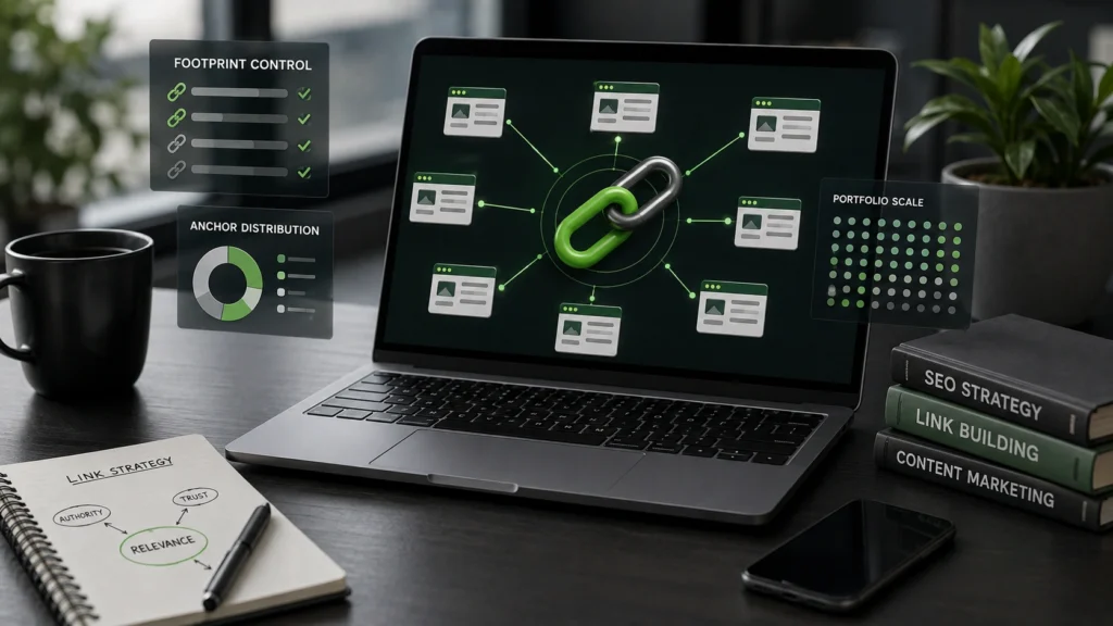 Laptop showing a multi-site backlink network with dashboards for footprint control, anchor text distribution, and portfolio-scale link exchange management.