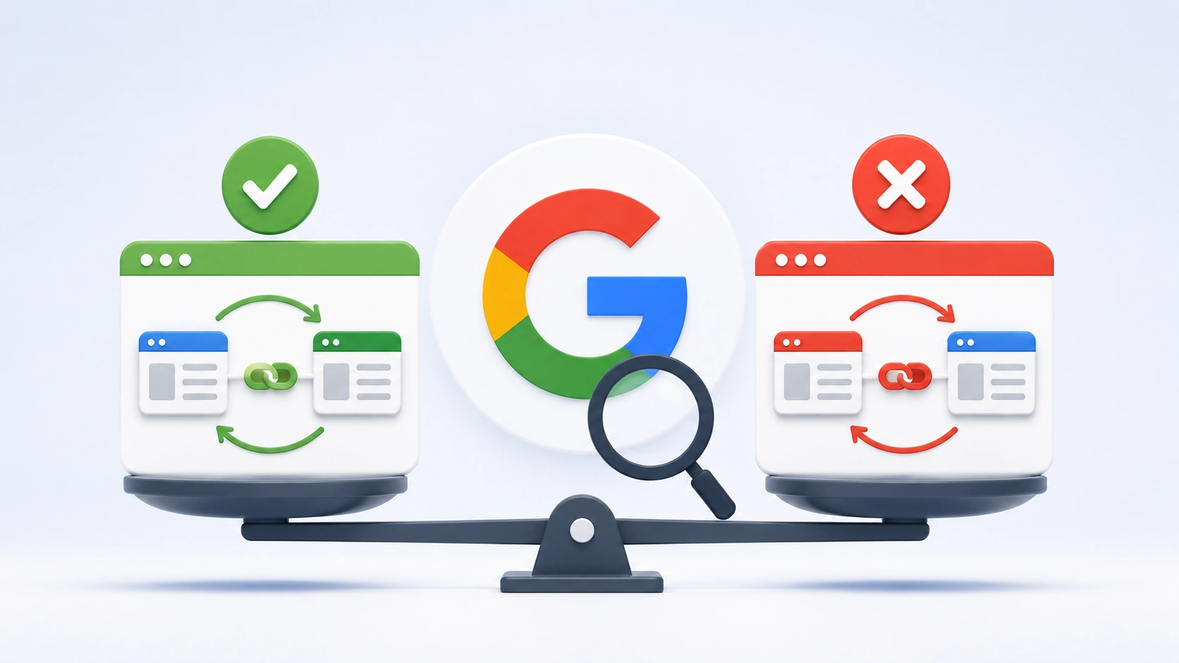 3D comparison showing a balanced, relevant link exchange marked as acceptable and an excessive reciprocal linking pattern marked as risky, with Google represented in the center.