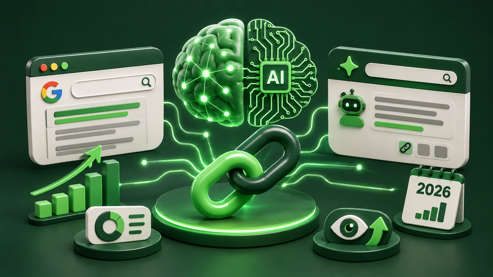 3D illustration connecting backlinks with AI systems, traditional search results, AI-generated answers, visibility metrics, analytics, and 2026 search performance.
