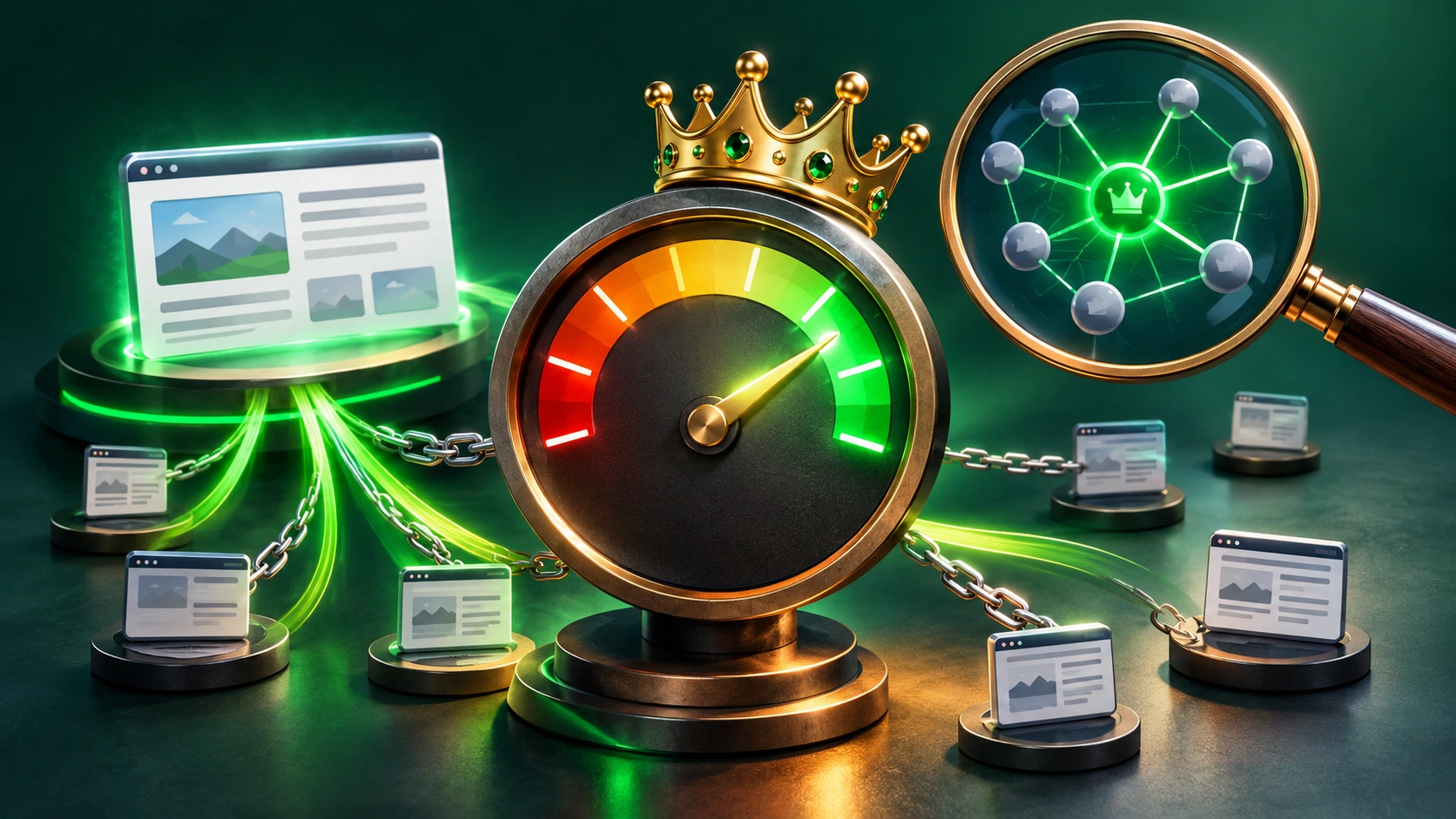 3D illustration of a website authority gauge connected to multiple referring domains, with a crown and magnifying glass representing Domain Rating and backlink profile analysis.
