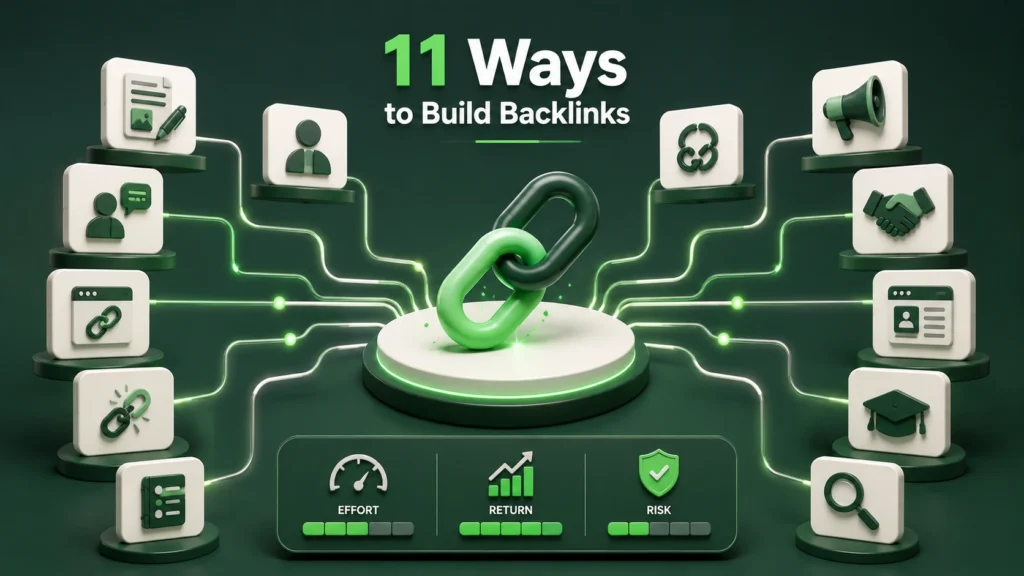 3D infographic showing 11 backlink-building methods connected to a central chain link, with effort, return, and risk indicators.