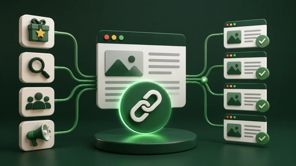 A central webpage and backlink icon connected to several backlink acquisition methods and multiple approved publisher websites, illustrating outreach-free link building.