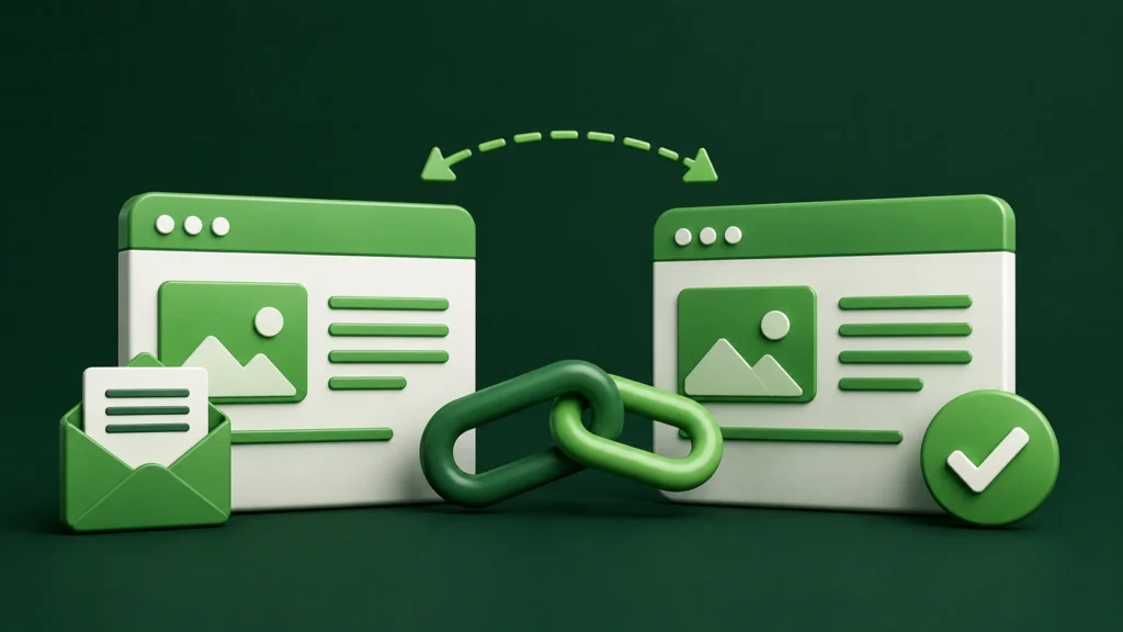3D illustration of two websites connected through a backlink exchange, with an outreach email representing a link exchange request that leads to an accepted partnership.