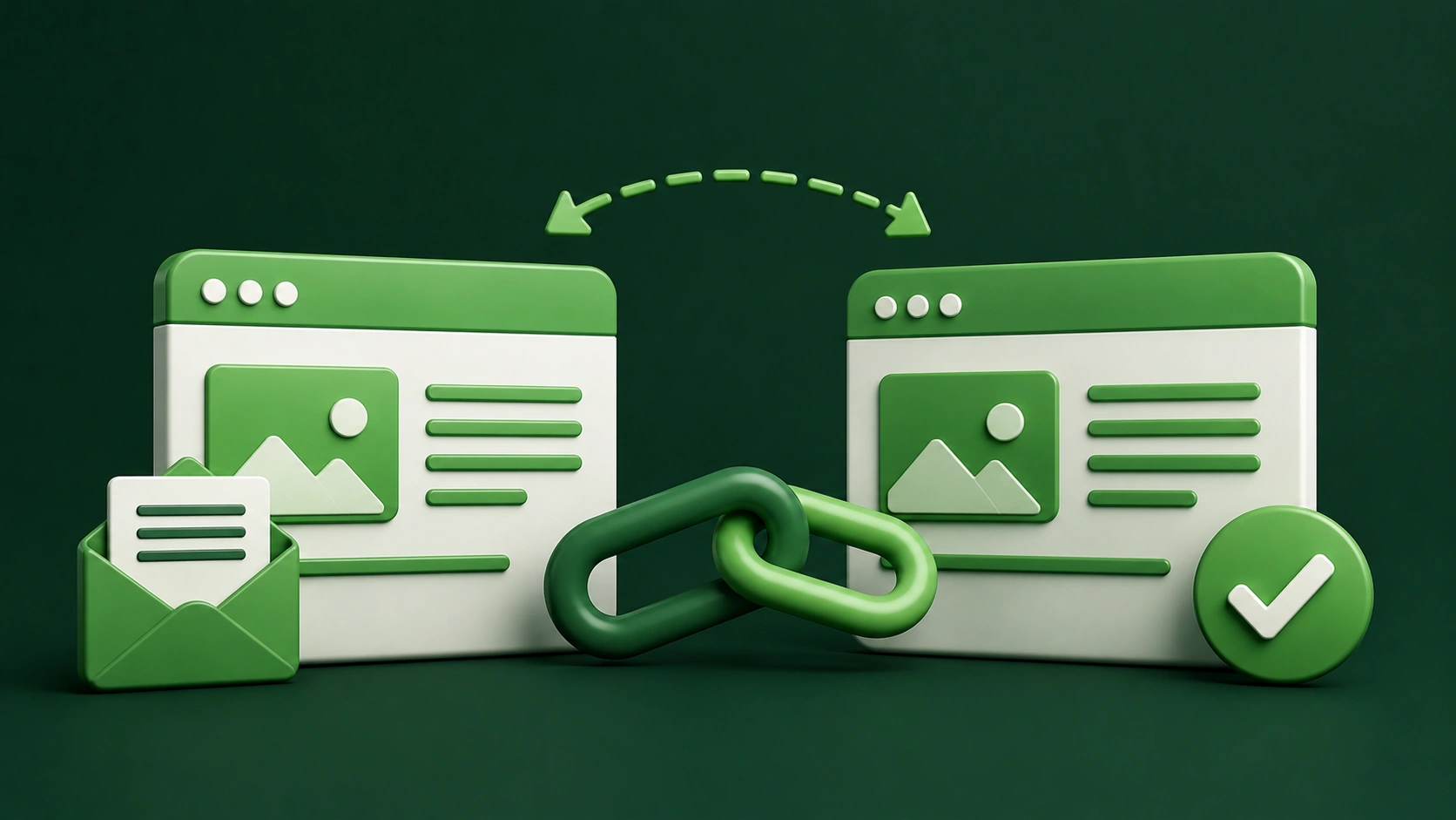 3D illustration of two websites connected through a backlink exchange, with an outreach email representing a link exchange request that leads to an accepted partnership.