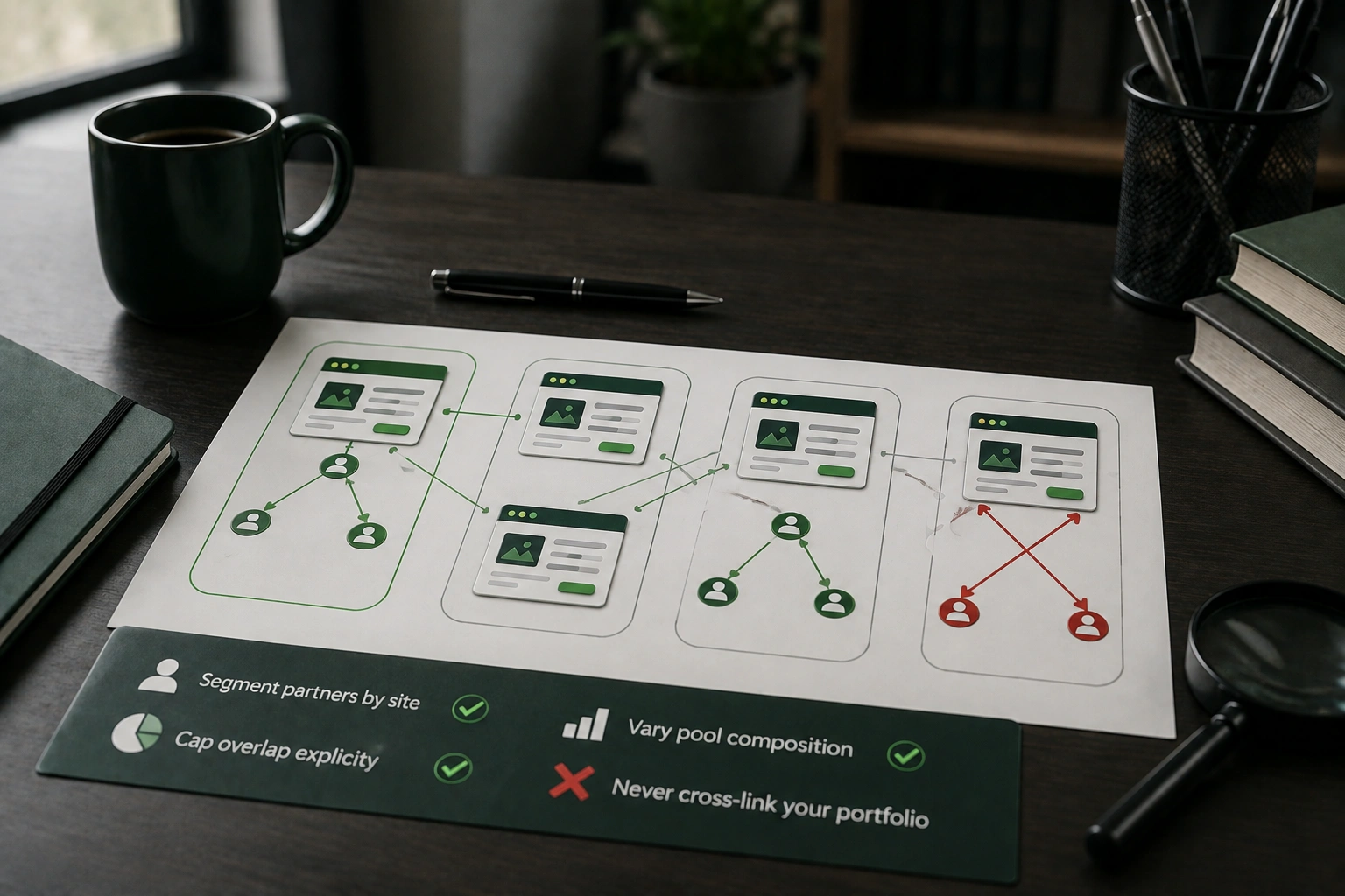 Exchange partners segmented across multiple websites, showing limited overlap, varied partner pools, and a warning against cross-linking sites within the same portfolio.