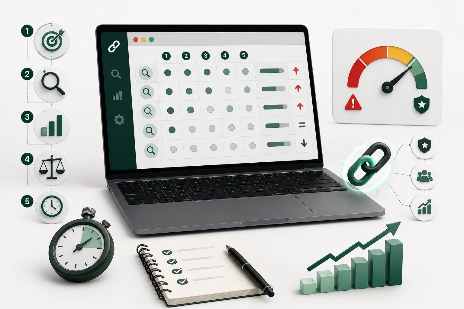 Backlink analysis dashboard with the five diagnostic steps for confirming an authority ceiling: keyword selection, competitor referring domains, quality check, comparison, and traffic outcome.