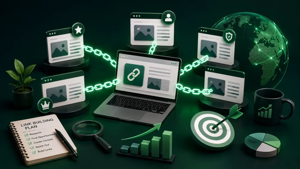 Laptop connected to multiple publisher websites with glowing backlinks, surrounded by a link-building plan, search tools, traffic charts, and a target.