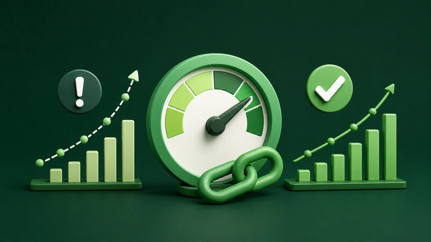 3D SEO illustration showing backlink growth speed with a central gauge, rising charts, warning indicator, and approval symbol representing safe link exchange velocity.