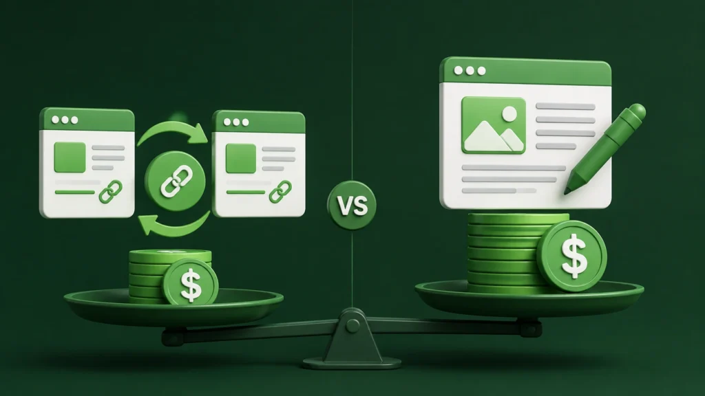 3D comparison showing link exchange and guest posting on a balance scale, with link exchange requiring lower cost and guest posting represented by a more expensive content placement.