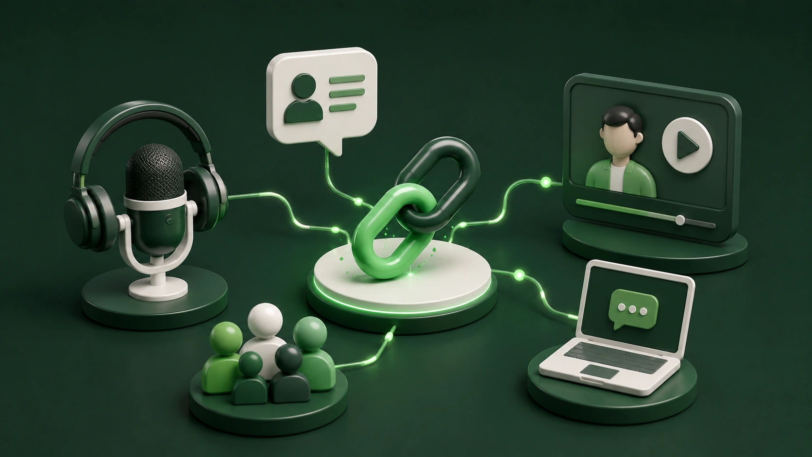 Backlink connected to a podcast microphone, interview video, online community, profile, and discussion platform.