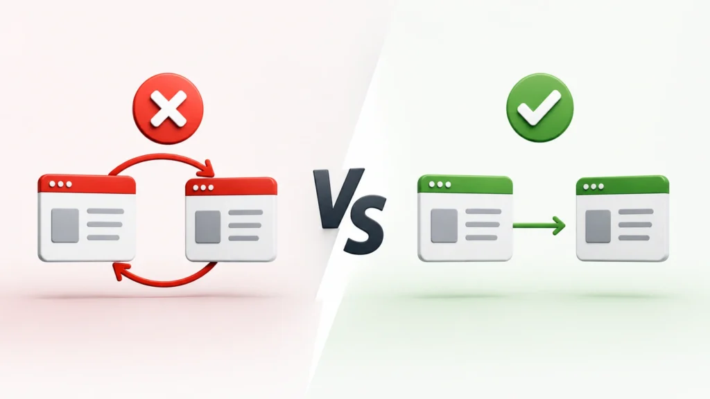 3D comparison showing reciprocal links between two websites marked as risky in one scenario and a one-way link between two websites marked as acceptable in another.