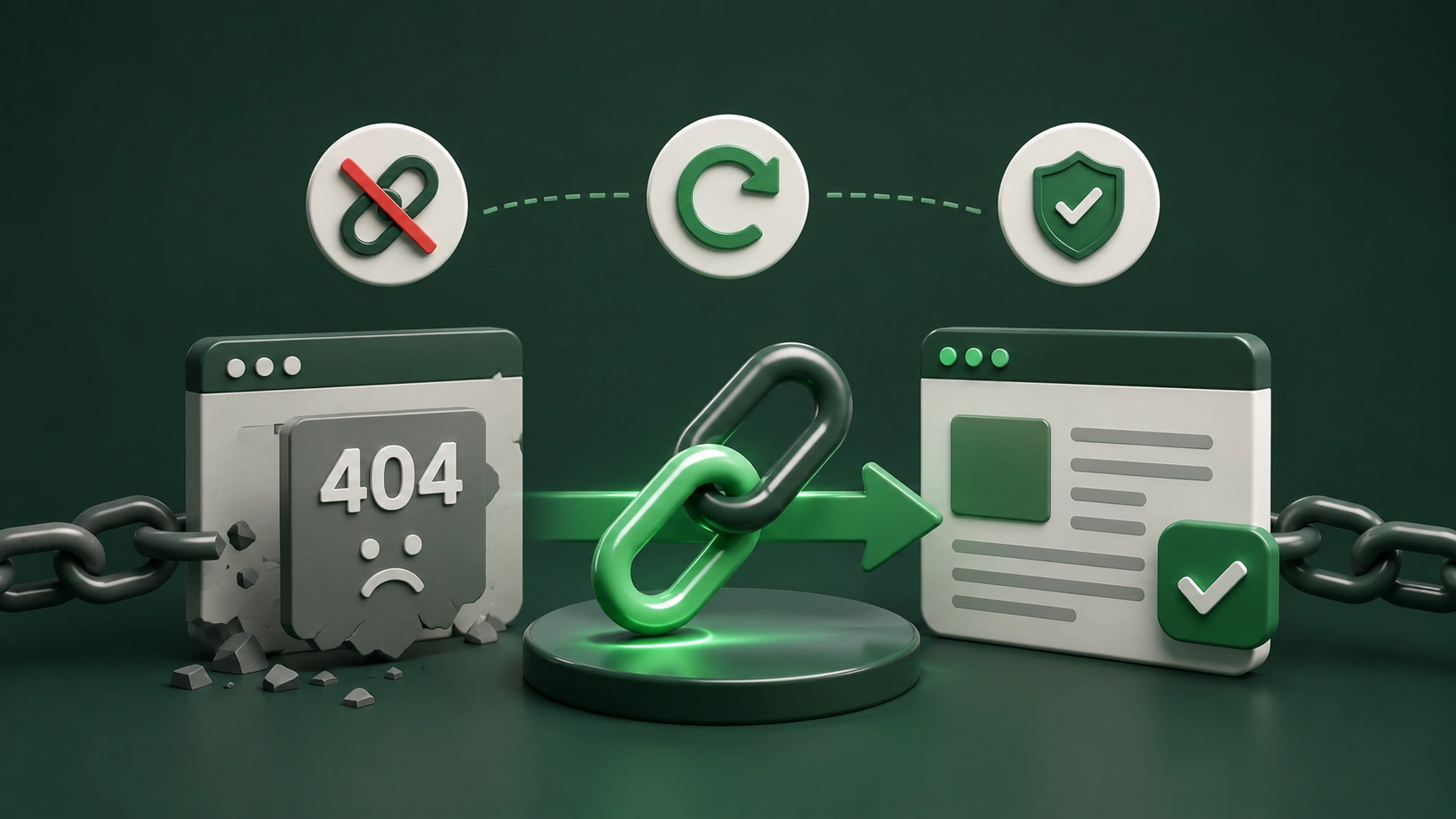 Broken 404 backlink being redirected to a valid webpage, illustrating the process of recovering lost backlinks.