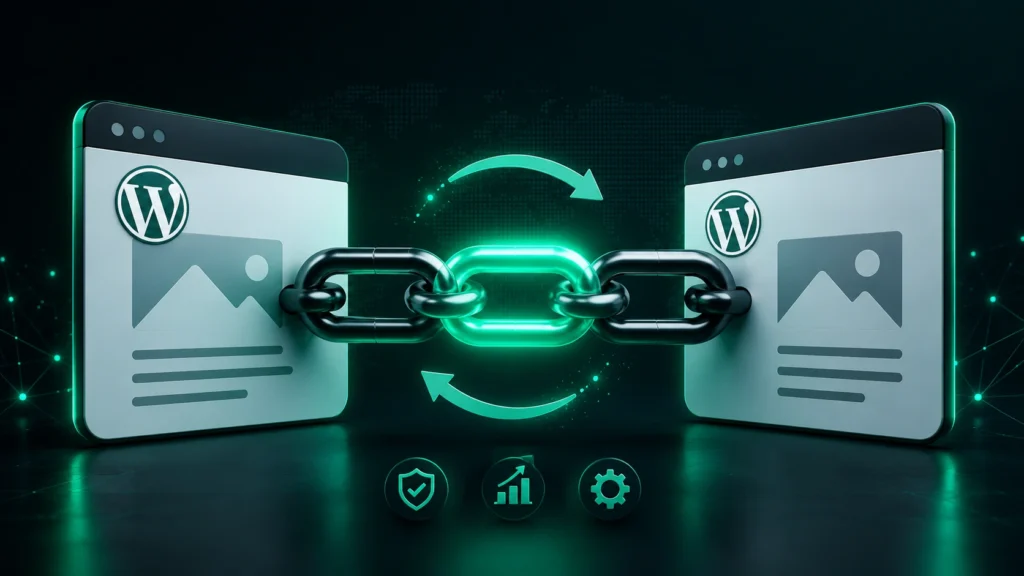 Two WordPress websites connected by a digital chain, representing automated and secure link exchange between relevant websites.