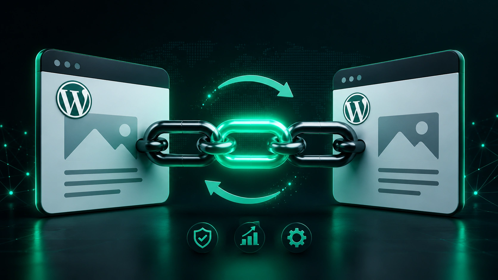 Two WordPress websites connected by a digital chain, representing automated and secure link exchange between relevant websites.