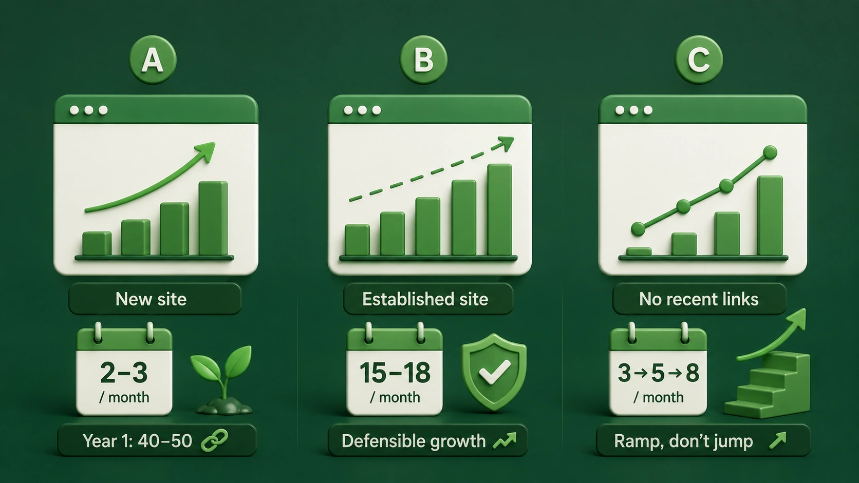 Three-part 3D infographic comparing backlink acquisition rates for a new website, an established website, and a site with no recent link growth.