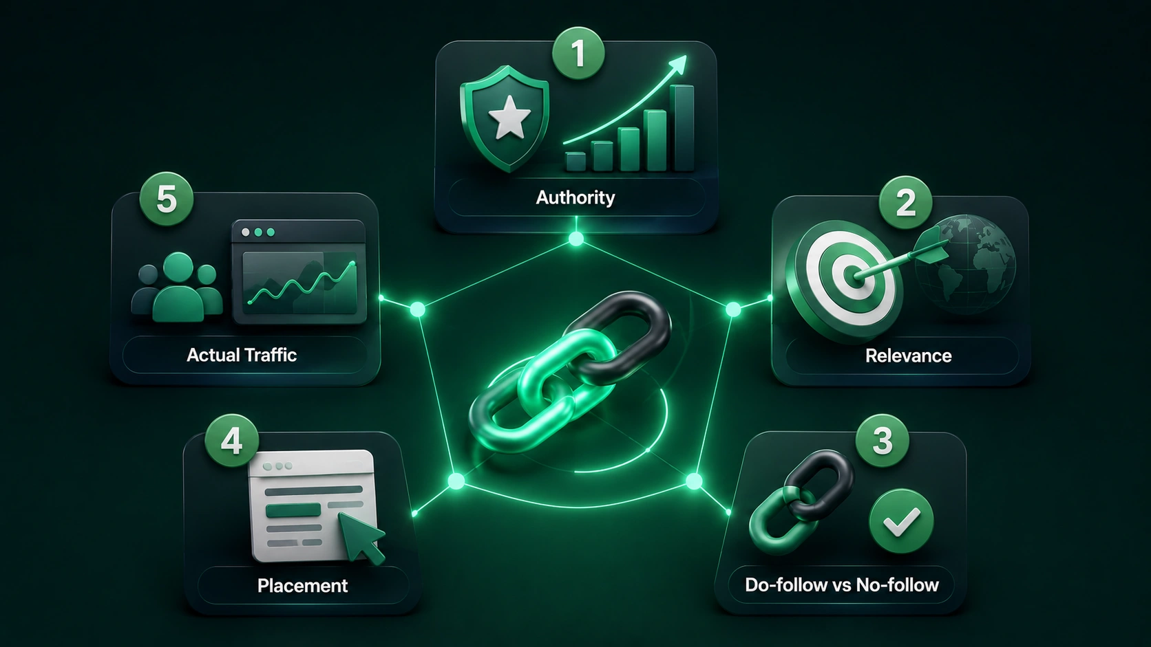 Diagram illustrating five backlink quality factors: authority, relevance, do-follow versus no-follow status, link placement, and actual website traffic.