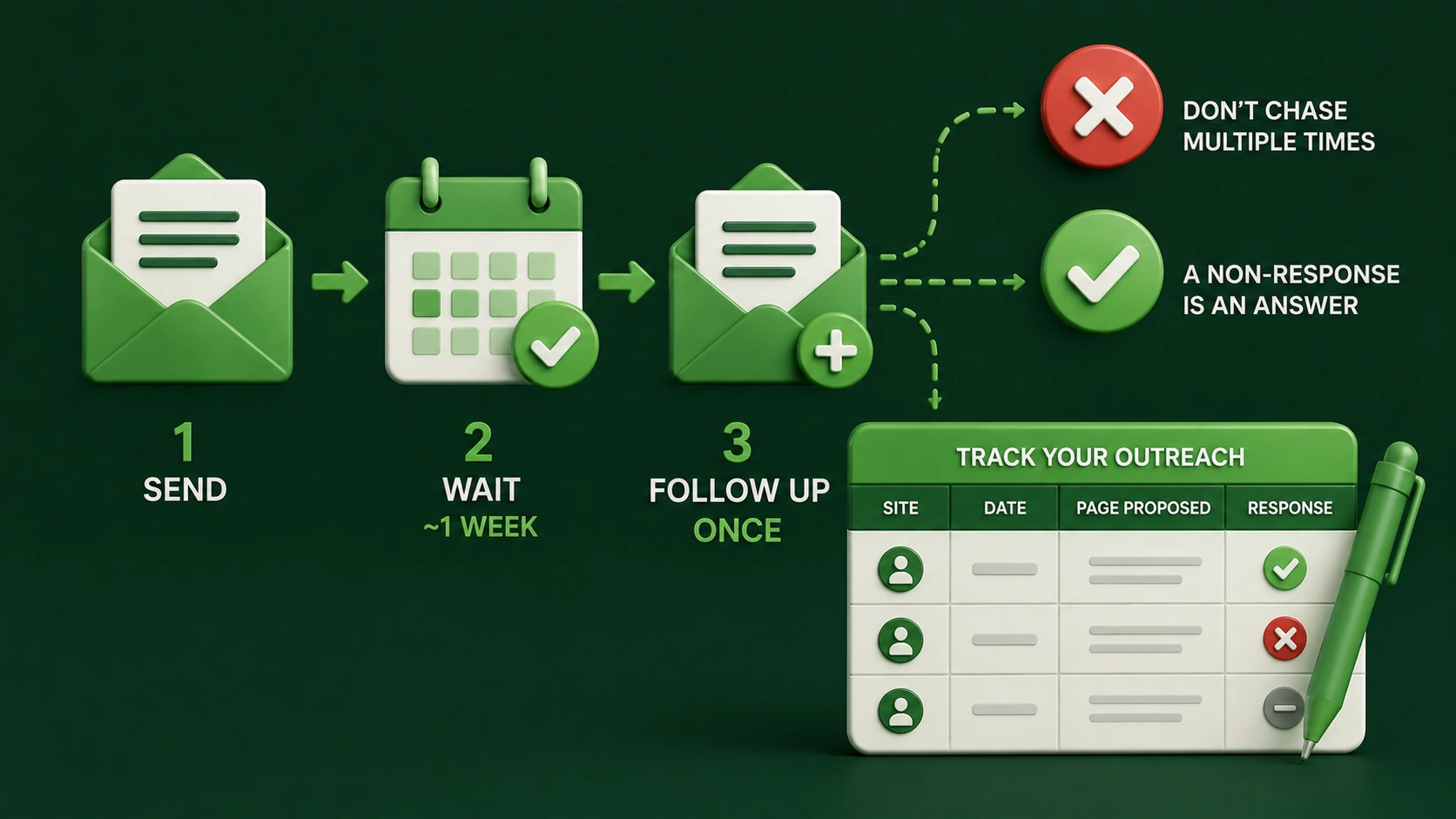 3D outreach workflow showing an initial email, a one-week wait, a single follow-up, and a tracking sheet for responses and link exchange prospects.