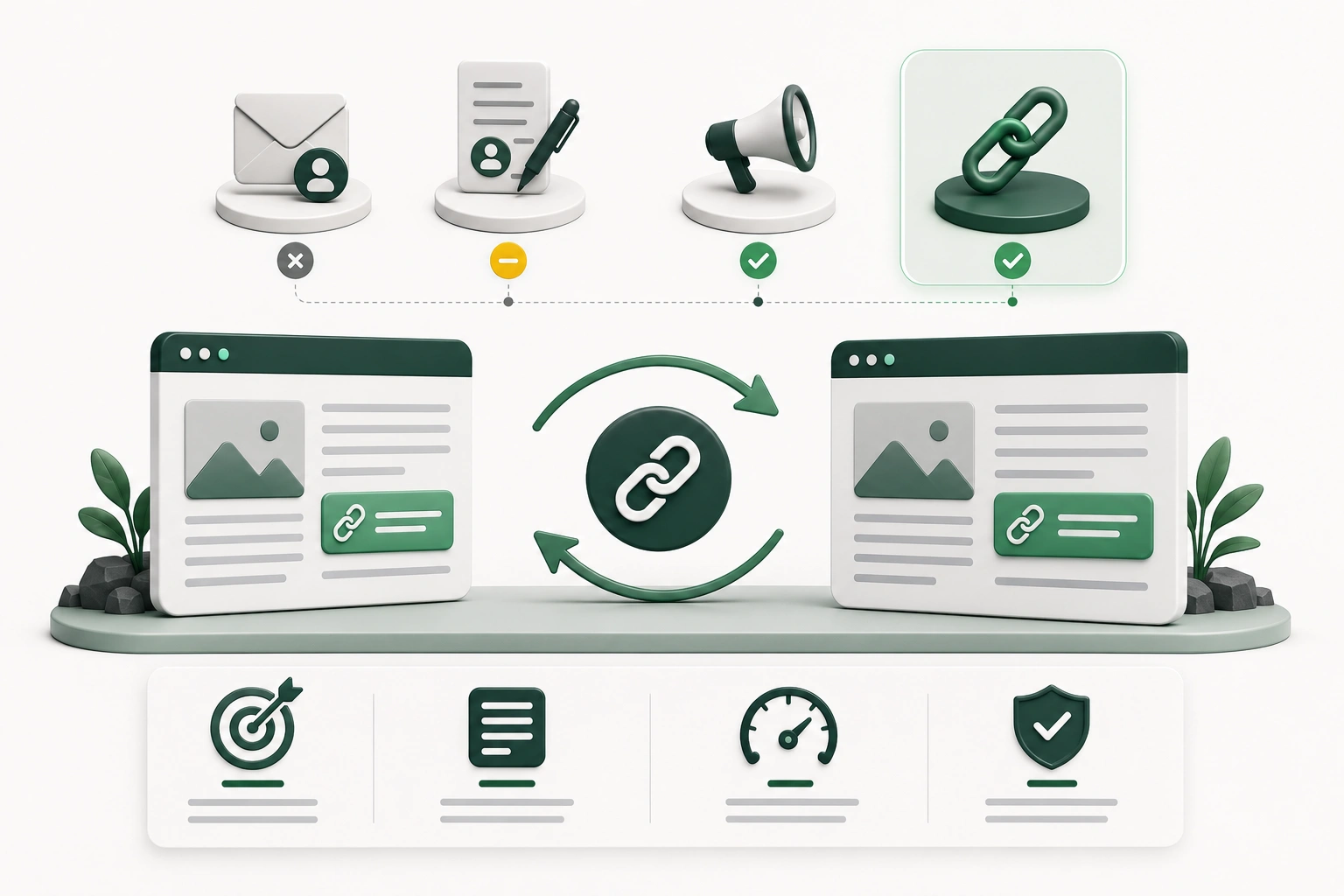 Two relevant websites exchanging contextual backlinks, supported by outreach, guest contribution, promotion, quality, relevance, and authority indicators.