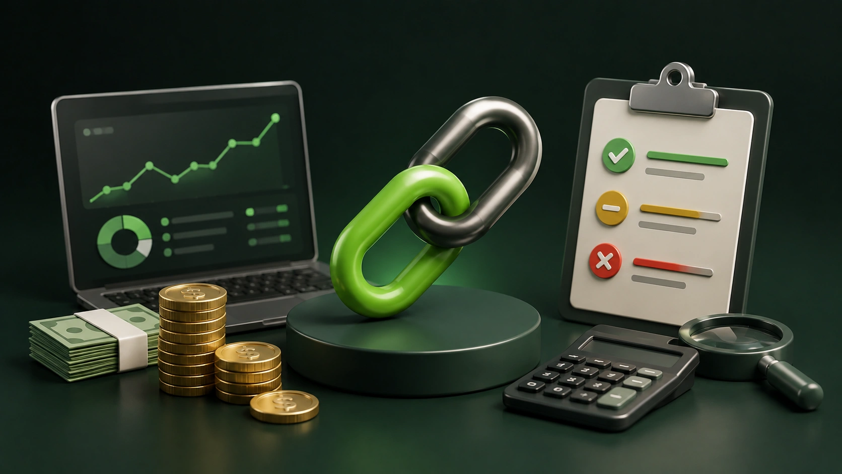 3D backlink valuation scene with a central chain link surrounded by analytics, money, a quality checklist, calculator, and magnifying glass.