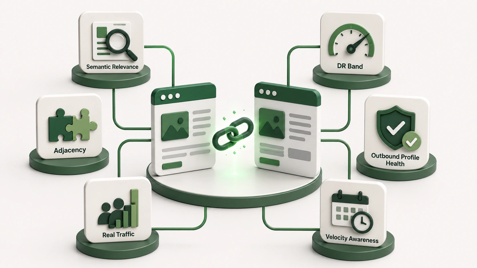 Two websites connected by a backlink and evaluated using semantic relevance, niche adjacency, real traffic, DR range, outbound link health, and link velocity.