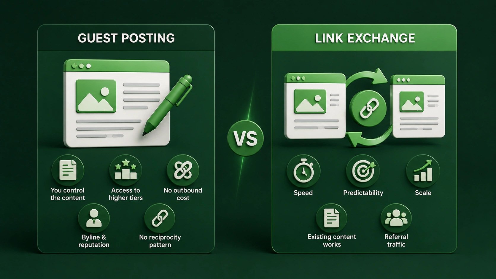 3D infographic comparing the benefits of guest posting and link exchange, including content control, publication access, reputation, speed, predictability, scalability, and referral traffic.