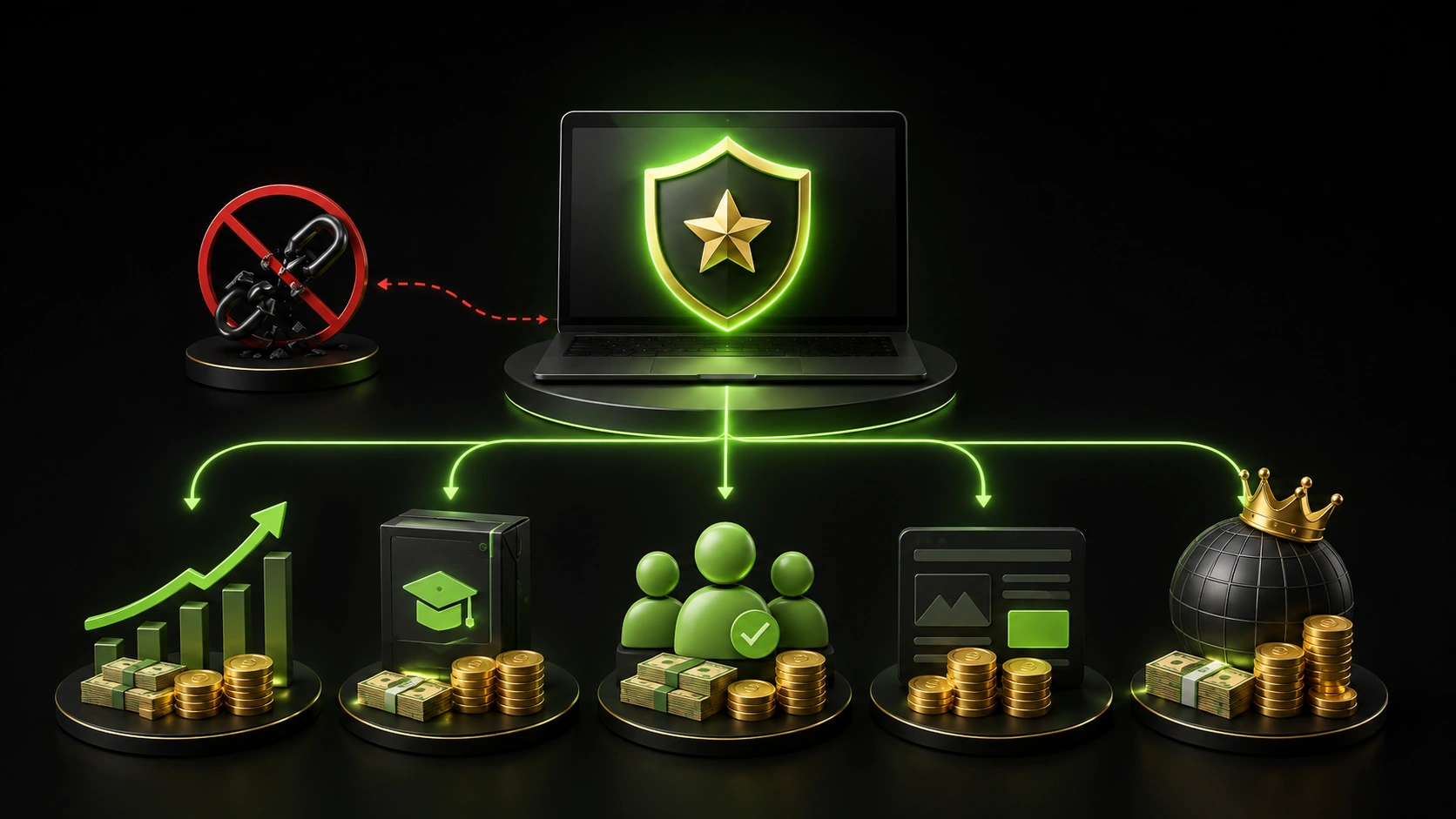 Website authority branching into higher rankings, product sales, new customers, advertising revenue, and increased domain value.