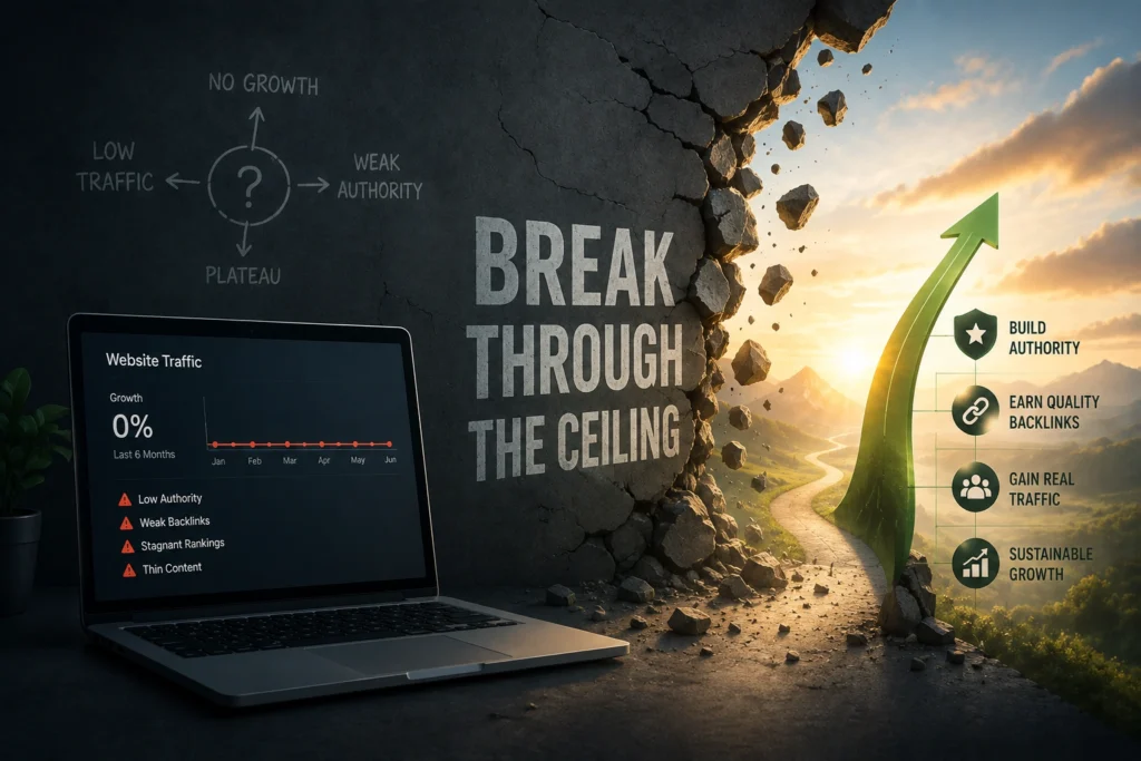 A stagnant website traffic dashboard beside a wall breaking open toward rising authority, quality backlinks, real traffic, and sustainable growth.