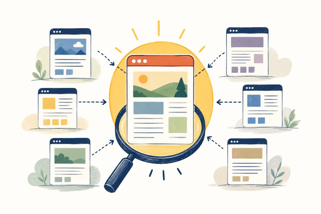 Illustrated web pages surround a highlighted central page under a magnifying glass, with arrows pointing toward the target page.