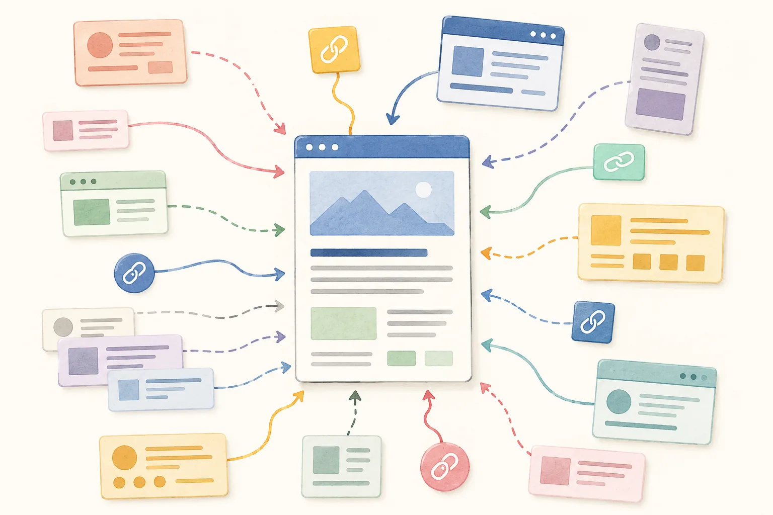A central webpage receives many unevenly spaced links from varied surrounding page cards and link icons, creating an irregular anchor pattern.
