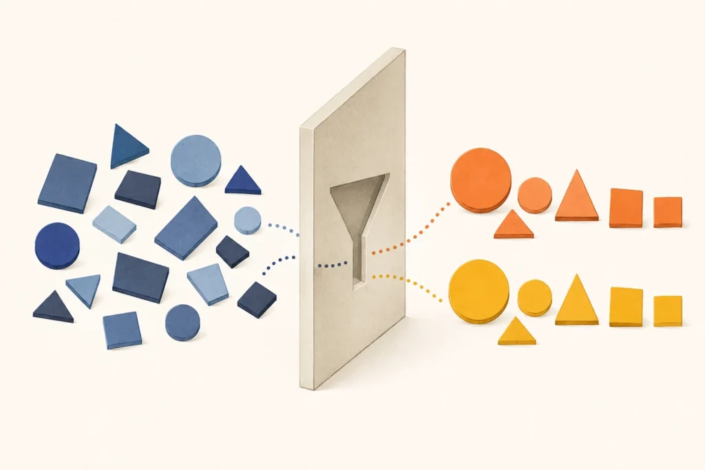 Blue geometric shapes pass through a central sorting structure and emerge as two neatly separated orange and yellow groups.