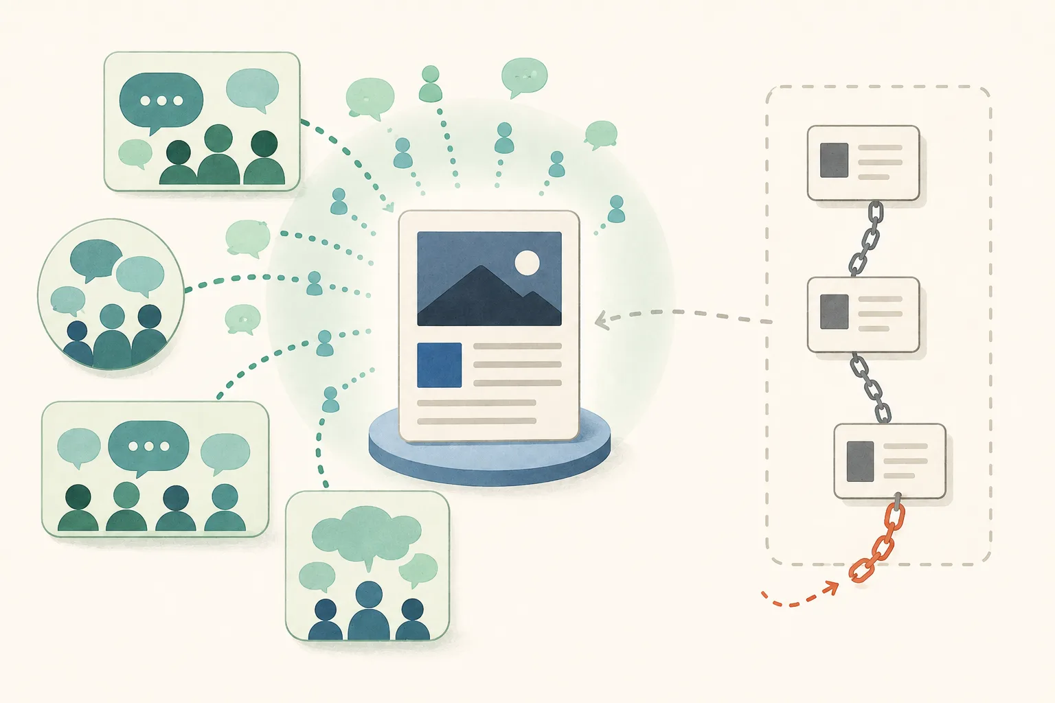 Community discussion cards send many attention signals toward a central webpage, while a separate link chain is weak and partly broken.