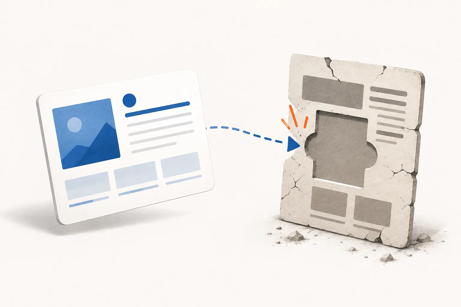 A polished blue-and-white proposal card sends a dashed connection toward a cracked gray target card, where the connection fails at an incompatible opening.