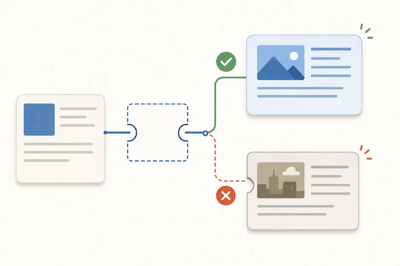A broken link flow branches to two replacement page cards: one connects successfully with a green check, while a loosely related card is rejected with an orange X.