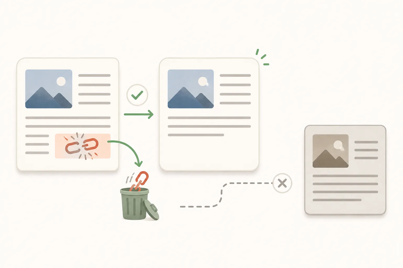 A publisher page removes a broken link and becomes clean, while a separate replacement page remains disconnected and rejected.