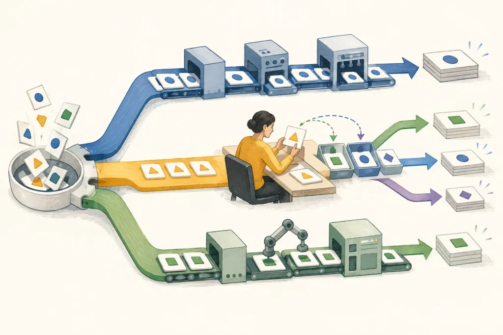Editorial illustration of one workflow splitting into three task paths, with two automated conveyor systems and one human-reviewed decision path.
