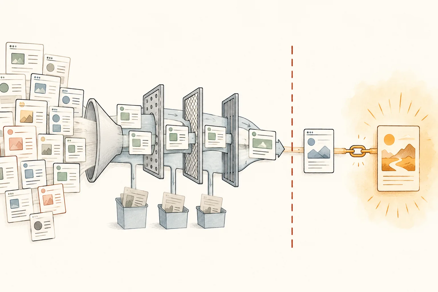 Editorial illustration of many publisher cards being narrowed through automated filters, stopping at a decision boundary before a valuable content asset creates the final link.