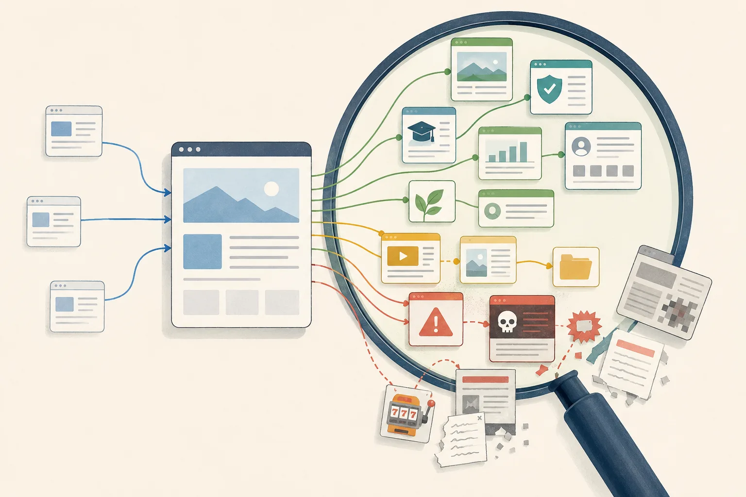 Editorial illustration of a central website receiving a few incoming links while a magnifying glass reveals its larger outbound network of credible, mixed-quality, and suspicious destinations.