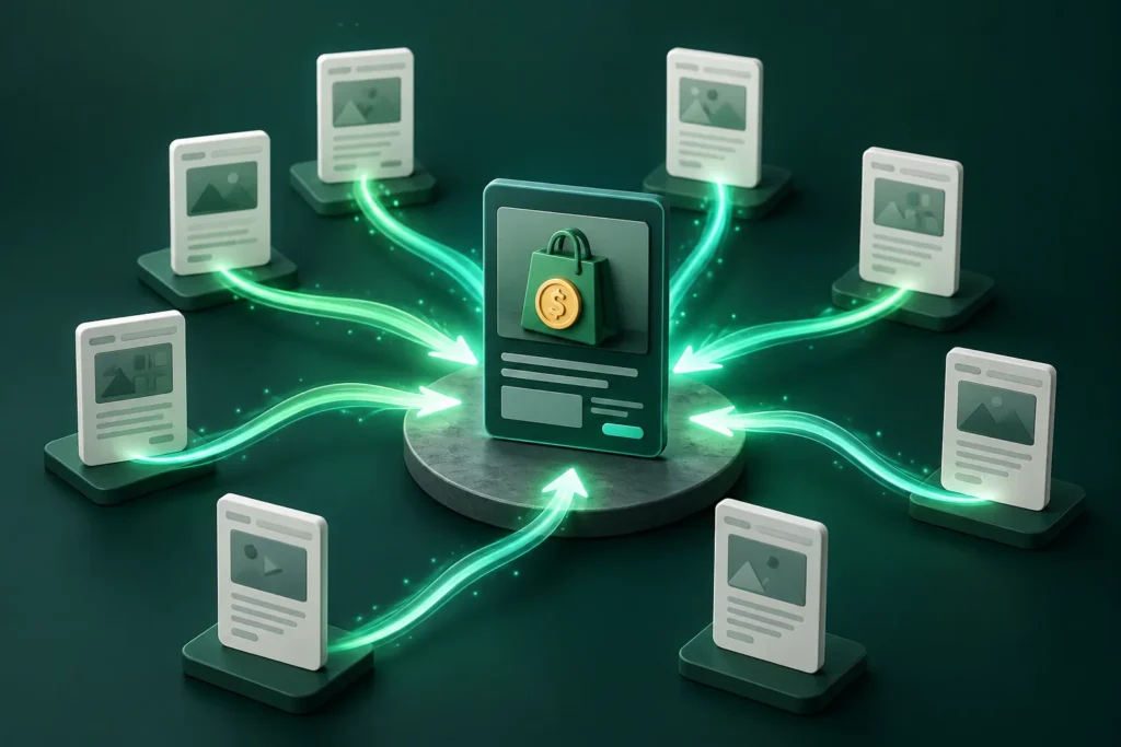 Website pages route glowing internal links toward a central commercial page represented by a shopping bag and coin.