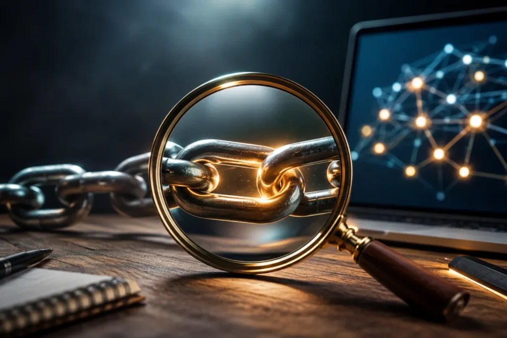 Magnifying glass enlarging a metal chain link beside a laptop showing a connected network.
