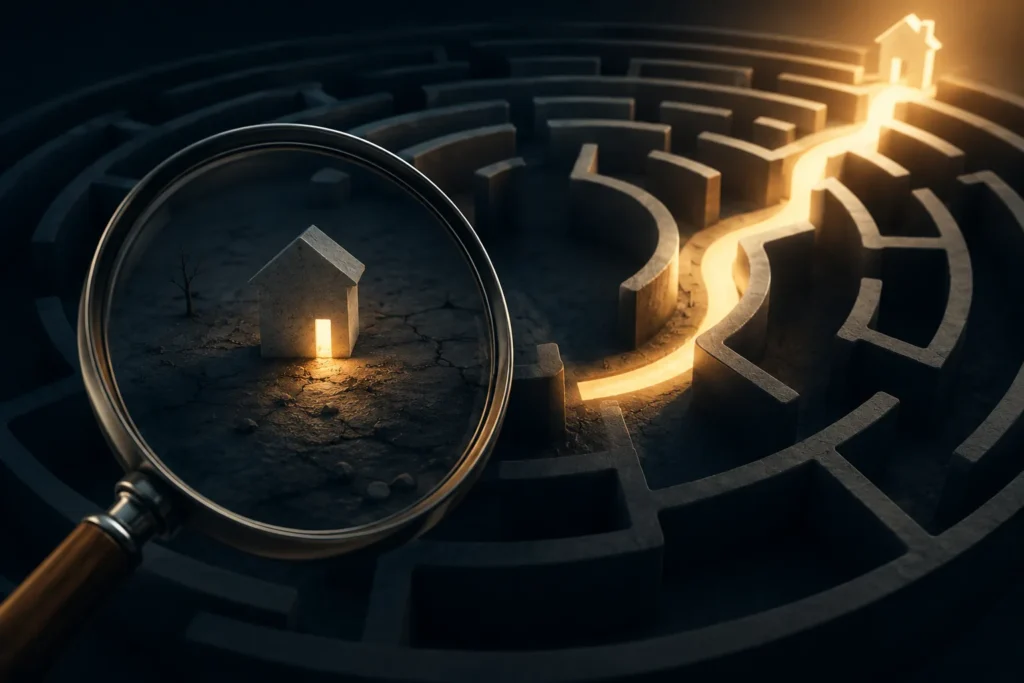 Magnifying glass reveals an isolated house inside a dark maze, while a glowing path connects through the maze to another house.
