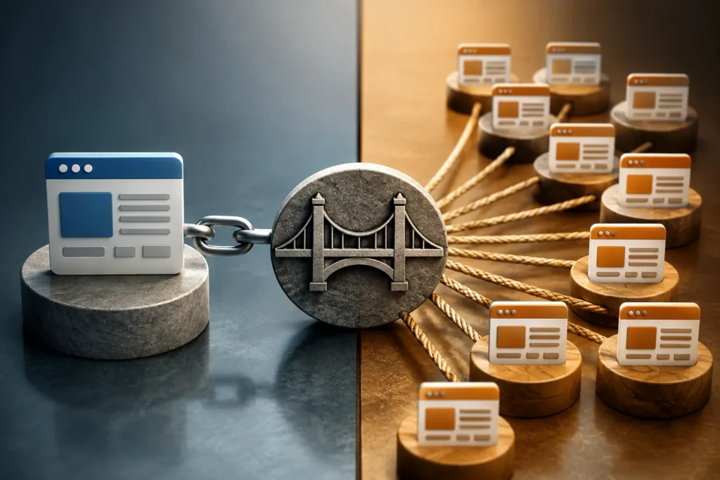 3D editorial illustration showing one website connected by a chain to a central bridge symbol, which branches through multiple ropes to many separate website cards.