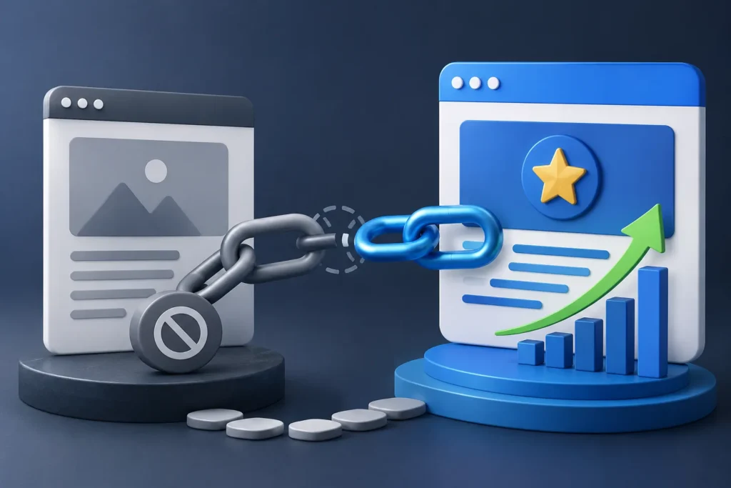 3D illustration of two web pages connected by chain links, with a nofollow-style blocked symbol on one side and an upward SEO growth chart on the other.