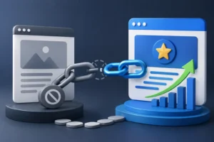 3D illustration of two web pages connected by chain links, with a nofollow-style blocked symbol on one side and an upward SEO growth chart on the other.