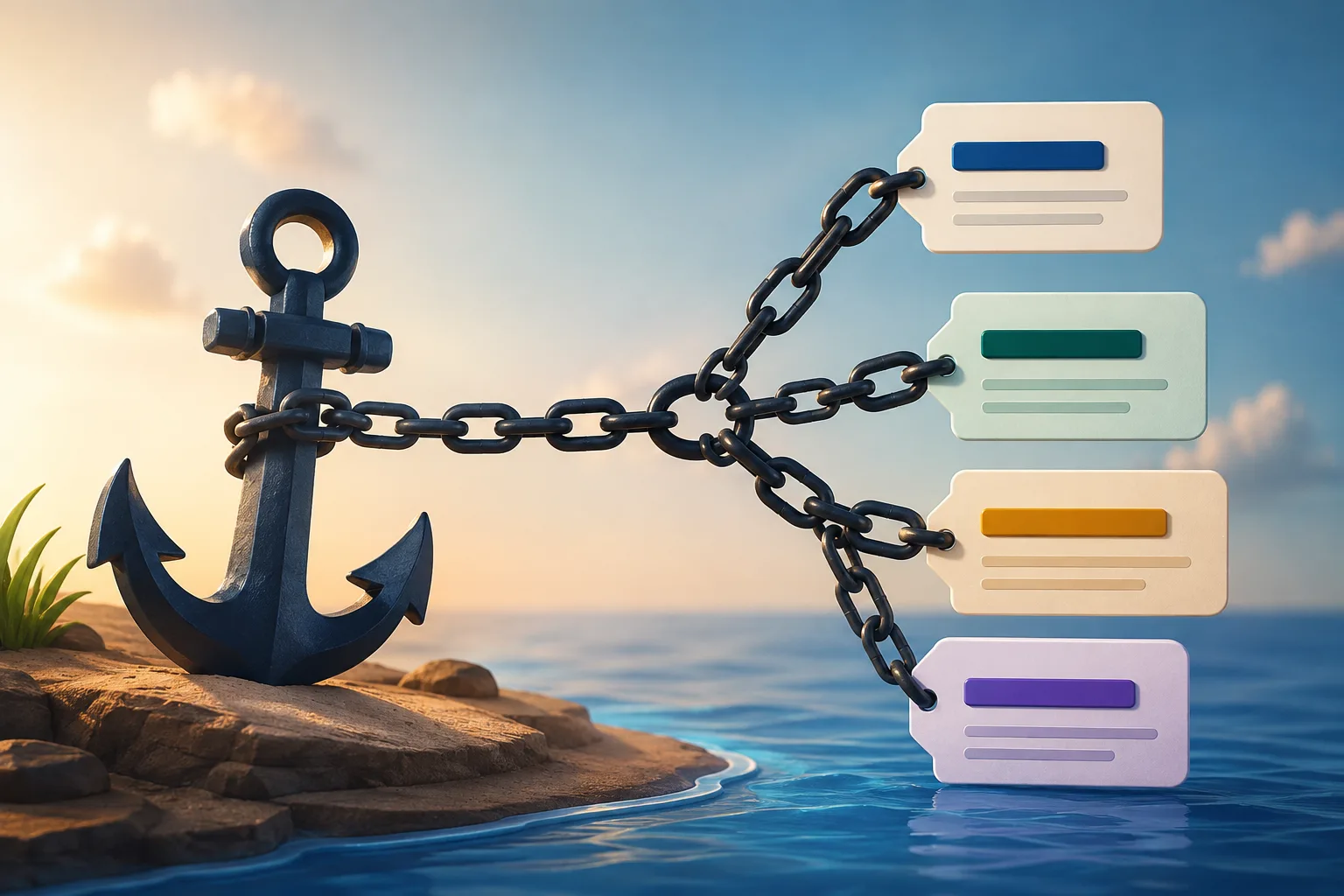 Stylized 3D anchor connected by a branching chain to four blank content cards, illustrating different forms of anchor text linking to content.