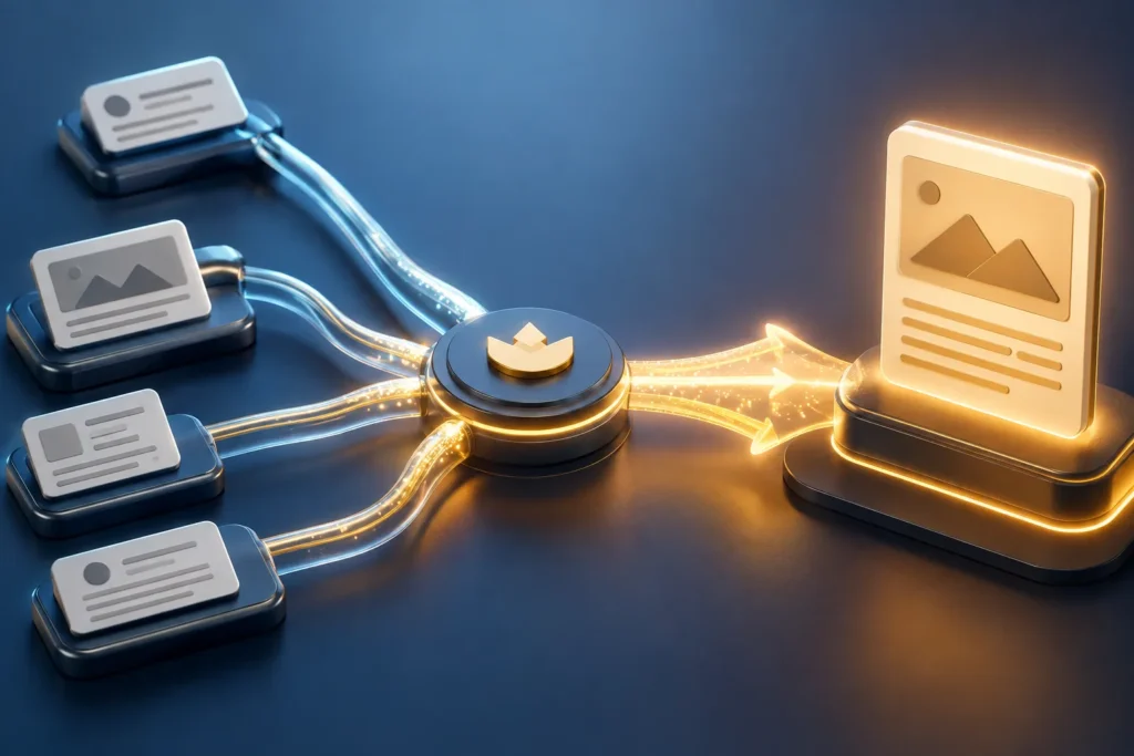 3D illustration of multiple web pages channeling glowing link equity through a central hub into one highlighted destination page.