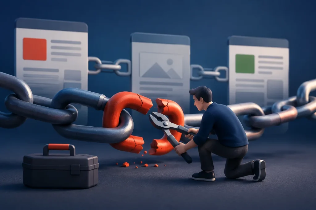 A person uses large pliers to repair a broken orange chain link connecting illustrated web pages.