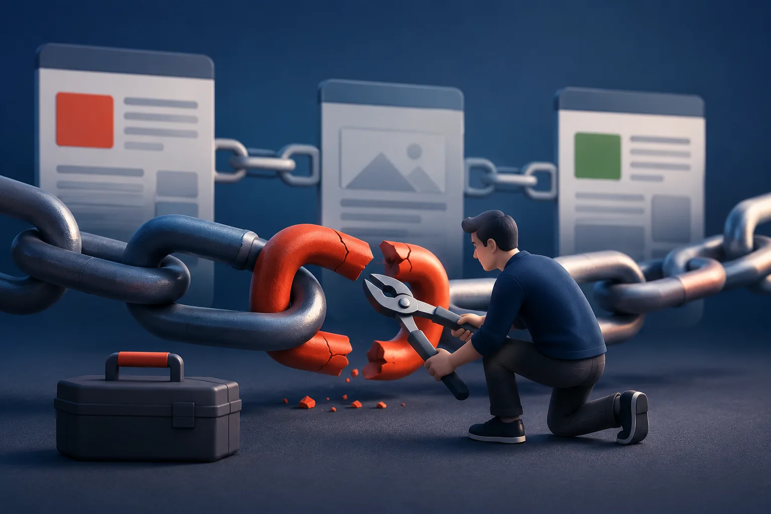 A person uses large pliers to repair a broken orange chain link connecting illustrated web pages.